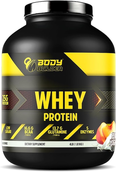 Body Builder 100% Whey Protein, 25g Protein, BCAAs, Glutamine, Digestive Enzymes For Lean Muscle Growth &amp; Endurance, Suitable For Vegetarians &amp; Keto Dieters (4 LB, Peach-Yoghurt)