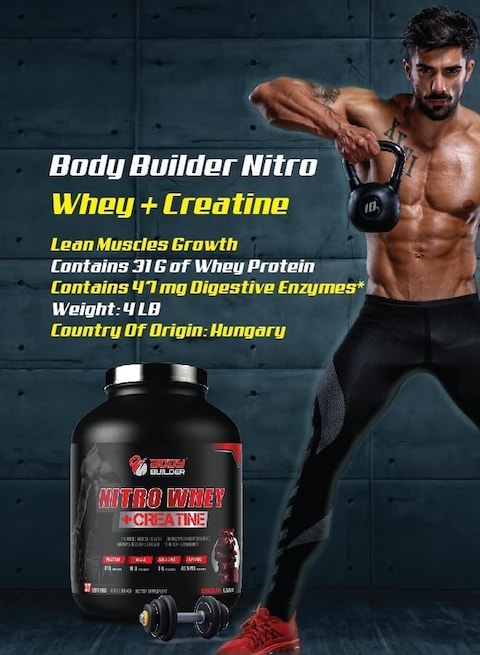 Body Builder Nitro Whey + Creatine, 31g Whey Protein, 5g Creatine, 10g BCAA, And Digestive Enzymes For Lean Gains, Energy Boost, And Fast Recovery (4 LB, Chocolate Coconut)