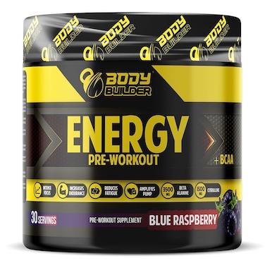 Body Builder Energy Pre workout Plus BCAA, Blue Raspberry, 30