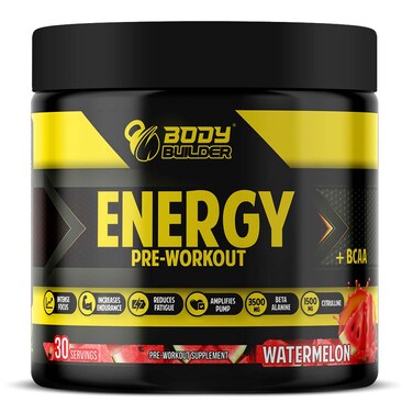 Body Builder Energy Pre workout Plus BCAA, Watermelon, 30