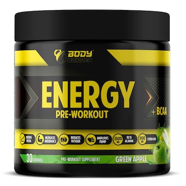 Body Builder Energy Pre workout Plus BCAA, Green Apple, 30