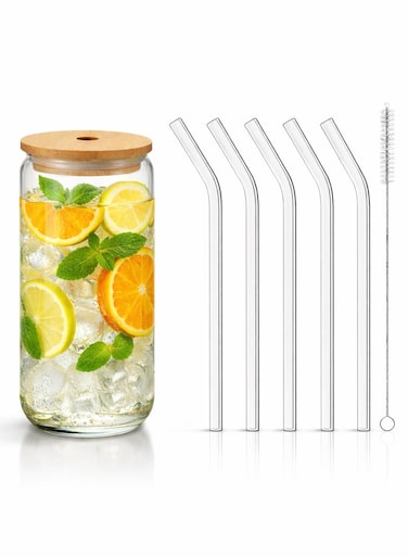 7 in 1 Glass Tumbler Set - 550ml/18.6 oz Glass Tumbler with Bamboo Lid, 5 Reusable Bent Glass Straws and 1 Cleaning Brush, Clear Can Shaped Drinking Glass Cup for Iced Coffee, Juice, Smoothies, Iced Tea, Lemon Water, Soda and Cold Drinks