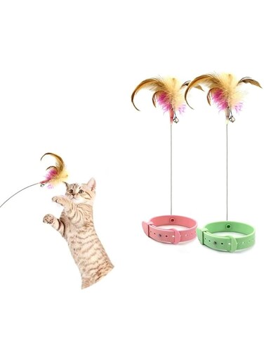 ZELLYA 2Pcs Cat Feather Toy, Interactive Cat Wand Collar Toys with Bells and Feathers, Indoor Toy Gifts for Cats to Make Them Less Lonely, Ideal Toy for One or More Cats at The Same Time (green Pink)
