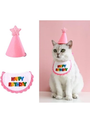 2Pcs Cat Birthday Party Supplies Decorations Set, Pet Birthday Hat Adjustable Cotton Bib Set Happy Birthday Bandanas Scarves Costume for Small Pets Cats Dogs (Pink, One Size)