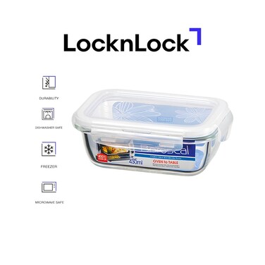 LocknLock 430ml Oven-Safe Borosilicate Glass Rectangular Container with Airtight Lid - Microwave, Freezer, and Dishwasher Safe