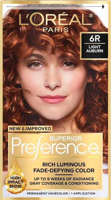 L’Oréal Paris Superior Preference Permanent Hair Color, 6R Light Auburn, Fade-Defying Colour with High-Shine Finish