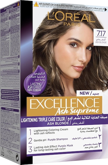 L’Oréal Paris Excellence Ash Supreme Anti-Brass Permanent Hair Colour, 7.17 Ash Blonde, Triple-Care Formula,