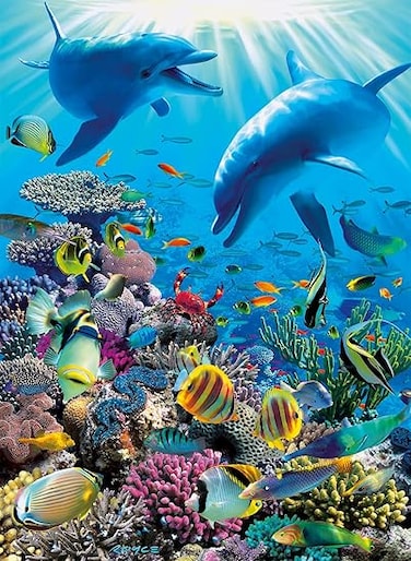 أحجية رافينسبورغر للمغامرات تحت الماء، 300 قطعة، حجم كبير جدًا، للأطفال والكبار، تتميز بمشاهد نابضة بالحياة للحياة البحرية والدلافين. قطع عالية الجودة تشجع على التركيز والإبداع واللعب العائلي.