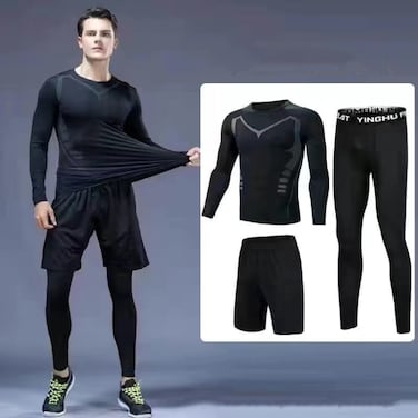 3pcs / Set Men Gym Running Clothes Set Long-Sleeved Quick-Drying Sports Suit &ndash; Science Fiction - Size XXXXL