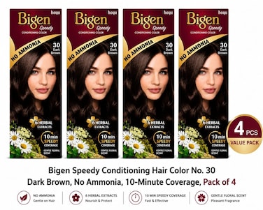 Bigen Speedy Conditioning Hair Color No. 30 Dark Brown, Pack of 4 No Ammonia, 10-Minute Coverage,