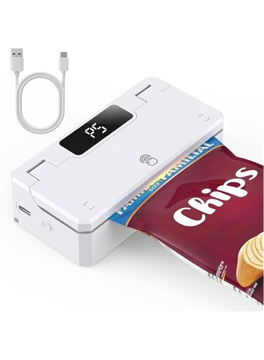 NALACAL Mini Bag Sealer and Cutter, Rechargeable Handheld Heat Sealer with 5 Seal Time Modes &amp; 3.8" Heating Strip &ndash; Portable Bag Resealer for Chip, Snack, and Plastic Bags (White)
