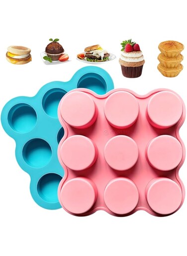 2 PCS Muffin Pans, Cupcake Pan, Air Fryer Egg Pan, Air Fryer Baking Pan, Silicone Mold, Mini, Reusable, Nonstick, Mold for Making Chocolate, Fried Egg, Cake, Tart, Dessert(Blue, Pink)