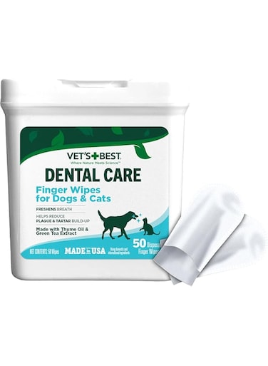 Vet's Best Dental Care Finger Wipes - Reduces Plaque &amp; Freshens Breath - Teeth Cleaning Finger Wipes for Dogs &amp; Cats - 50 Count