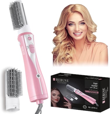 REBUNE 1200W Hair Dryer Brush 3 In 1 Hot Air Styler Straightening &amp; Curling Fast Heating (3s) Hair Styler with 2 Brushes (Pink)
