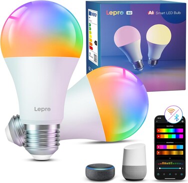 Lepro B2 AI Smart Bulb E27, 1100LM 10W (Replace 75W), Music Sync Bluetooth &amp; WiFi Bulb, Voice Control Screw Light Bulbs, AI Lighting Design Assistant,Work with Alexa &amp; Google Assistant, 2 Packs
