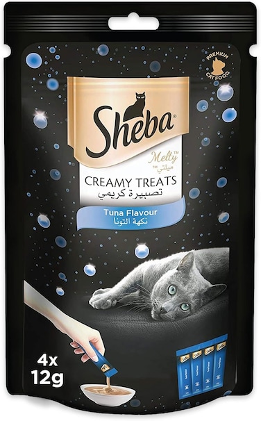 Cat Food, Melty Tuna Flavor Cat Food Wet Creamy Treats, Premium Luxurious Indulgence, Fed by Hand for a Special Moment so Your Cat Can Find Relish with this Sheba Wet Food Treat, Pack of 4x12g