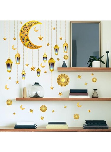 Yoawllty Ramadan Decorations,Ramadan Wall Stickers,Wall Decor Moon Star Lantern Ramadan Stickers for Home Living Room Bedroom Wall Sticker
