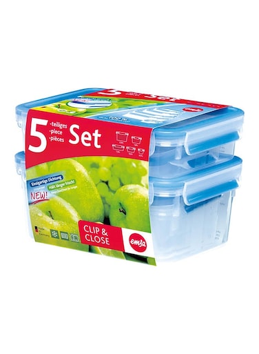 5-Piece Clip and Close Food Storage Set – Clear/Blue, Airtight & Stackable, 17x23x16 cm