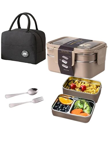Box, Leakproof Lunchbox, Food Storage Box, Stainless Steel Lunch Box, Leakproof Bento Box, for Adults Kids Teens (Beige)