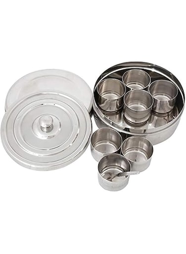 Raj Stainless Steel Catering Spice Storage Box, 8.2 cm, MD0M01 - Masala Box , Masala Petti ,Spice Box, 7 Compartments and Spoon