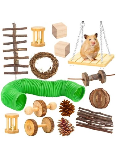 HOOTO 15pcs Hamster Chew Toys Set Small Animal Molar Toys Teeth Care Wooden Accessories for Guinea Pigs, Chinchillas, Gerbils, Mice, Rats, Mouse Rodents Toy