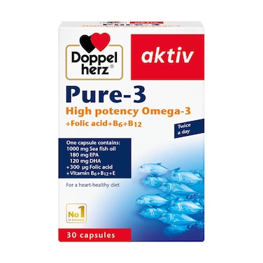 Doppelherz aktiv Pure-3 1000mg Omega 3, Folic Acid, Vitamin E, B6 &amp; B12 Fish Oil Supplement Capsules, Pack of 30's