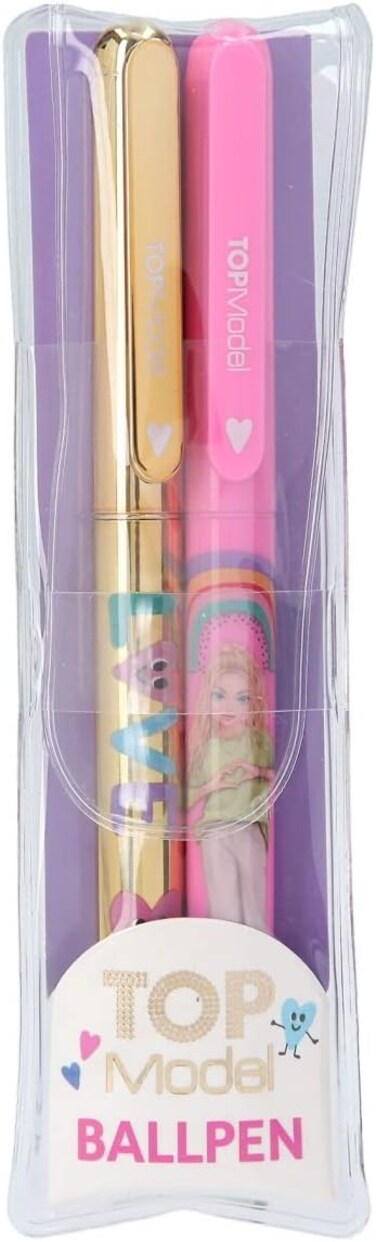 طقم أقلام حبر جاف Depesche 12087 Topmodel Selflove، يتضمن قلمين باللونين الذهبي والوردي، معبأ في حقيبة شفافة.