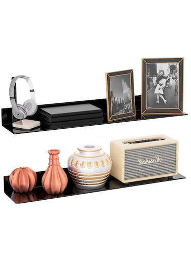 Acrylic Long Wall Shelf Set of 2, Black Wall Mounted Acrylic Bathroom Storage Shelves Display Organiser, 2 Pack (76 cm)