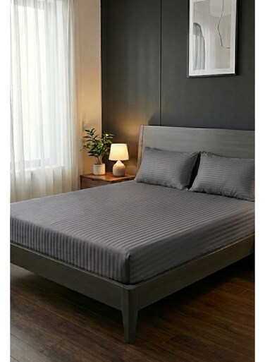 Cotton 3-Piece Microfiber Double Fitted Sheet Set &acirc;&euro;&ldquo; Dark Gray- Striped 150 x 200 cm with Full Elastic &amp; 2 Pillowcase