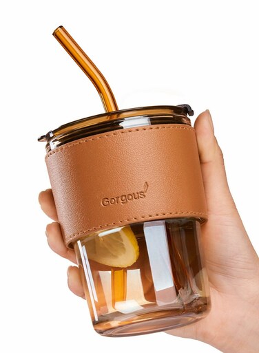 Glass Tumbler with Straw and Lid, Featuring a Leather Sleeve for Protection, Versatile Reusable Cup for Both Straw and Direct Drinking Use.