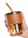 Glass Tumbler with Straw and Lid, Featuring a Leather Sleeve for Protection, Versatile Reusable Cup for Both Straw and Direct Drinking Use.