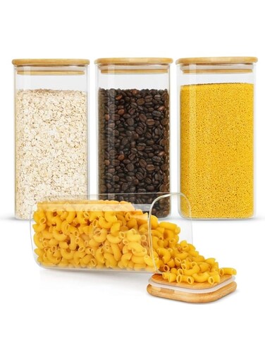 54oz Square Airtight Glass Storage Containers with Bamboo Lids (Set of 4), Square Food Storage Jar, Pantry Organizers for Cereal, Nuts, Snacks and Coffee beans