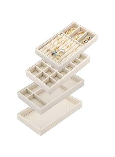KASTWAVE Jewelry Trays Organizer Set for Drawers, Stackable Jewellery Inserts Dividers Box Storage Organiser Compartments, Earring Necklace Bracelet Ring Organizer, 4 Style (Beige)