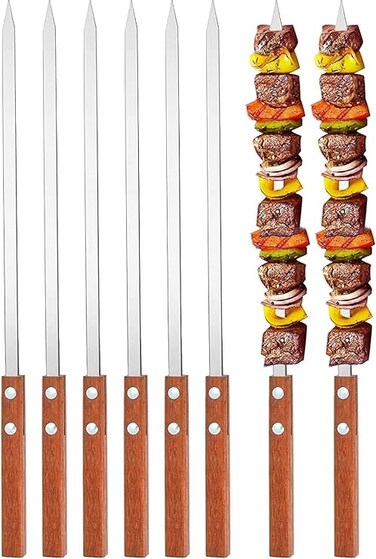 ECVV 6 Pcs BBQ Skewers Set, 19 inch Turkish Skewers with Wooden Handle, Stainless Steel Kebab Skewers, for Koobideh Kebab, Turkish Style BBQ