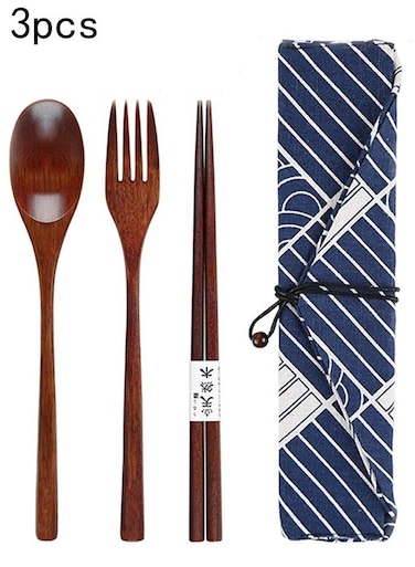3 Pcs Chopsticks Fork Spoon Wooden Travel Cutlery Set with Pouch, Reusable Environmental Protection Pure Wood Portable Utensils, Japanese Style Pattern Office Camping Cutlery (Blue)