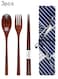 3 Pcs Chopsticks Fork Spoon Wooden Travel Cutlery Set with Pouch, Reusable Environmental Protection Pure Wood Portable Utensils, Japanese Style Pattern Office Camping Cutlery (Blue)