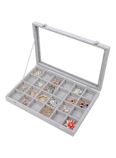 Padom Jewelry Tray, Multi-Functional Jewelry Organizer with Lid &amp; Lock for Ring, Earring, Stud, Necklace, Bracelet, Watch, Soft ice Velvet Jewelry Showcase Display Tray (24 Grid)