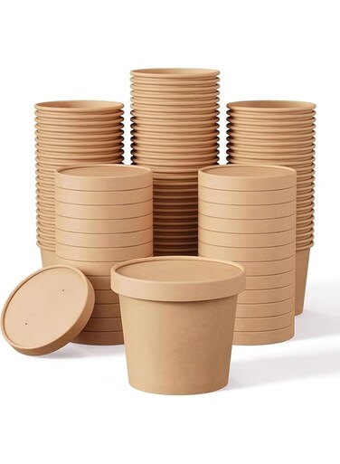 25 PCS 12 Oz Kraft Disposable Soup Bowls With Lid,Ice Cream Cups Containers with Lids, Eco-friendly, Microwave Safe and Freezer Safe Thick Kraft Cups Disposable Containers (12 Oz/350ML) - Pack Of 25