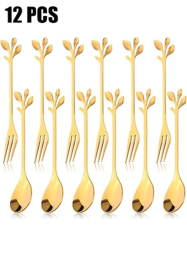 12 Pcs Stainless Steel Gold Leaf Coffee Spoon and Cake Fruit Forks Kitchen Accessory Wedding Party for Dessert, Salad, Appetizer, Spoon and Fork Set (6 Forks + 6 Spoons) (Gold)