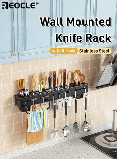Stainless Steel Wall Mounted Kitchen Knife Rack with 8 Hook Holder Detachable Storage Rack for Knives Chopsticks Drilled and Non-Drilled Installation for Home Use