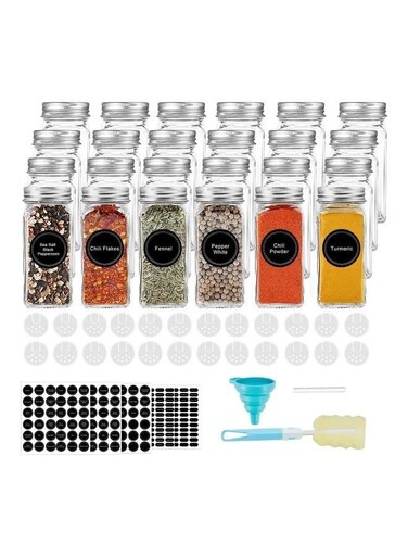 24-Piece Glass Spice Jar Set with Airtight Metal Caps- Seasoning Organizer for Kitchen Cabinet Spice Rack with Shaker Lids, Labels, Silicone Collapsible Funnel, Sponge Brush, White board Pen Included Multicolour