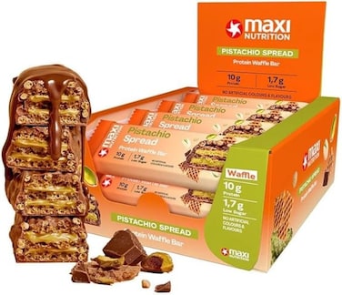 لوح وافل بروتين بالفستق من ماكسي نيوتريشن (عبوة من 12 قطعة × 39 غرام لكل قطعة), مع بروتين 10 جرام وسكر منخفض لكل وجبة, بدون اضافة لون ونكهة صناعية