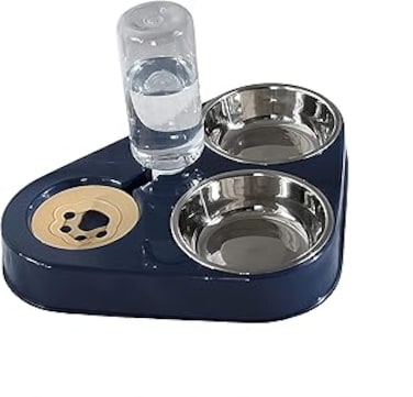 COOLBABY 500ML Cat Feeder Bowl With Water Bottle Automatic Drinking Pet Dog Food Stainless Steel Bowl, deep sea blue