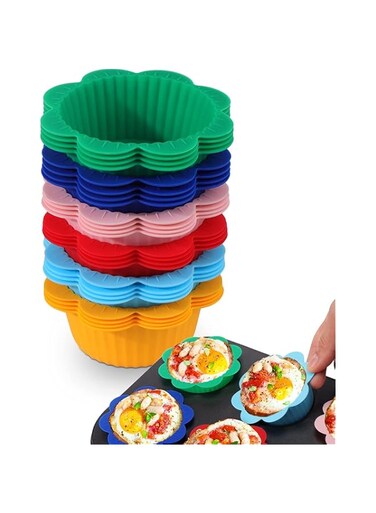 SYOSI Silicone Baking Cups, 24 Pcs Reusable Multicolor Muffin Liners with Easy-Lift Tabs, Non-Stick, Heat-Resistant, Perfect for Casual Home Baking