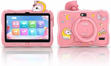 Modio M71 Kids Tablet 7 Inch HD Display, 6GB RAM + 128GB ROM, Dual Camera, 3000mAh Battery, Shockproof Unicorn Case with Stylus &amp; Accessories &ndash; Blue (Pink)