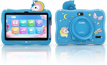 Modio M71 Kids Tablet 7 Inch HD Display, 6GB RAM + 128GB ROM, Dual Camera, 3000mAh Battery, Shockproof Unicorn Case with Stylus &amp; Accessories &ndash; Blue (Blue)