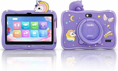 Modio M71 Kids Tablet 7 Inch HD Display, 6GB RAM + 128GB ROM, Dual Camera, 3000mAh Battery, Shockproof Unicorn Case with Stylus &amp; Accessories &ndash; Blue (Purple)