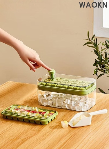 Ice Cube Tray with Lid and Storage Box , One Click Easy Release 64 Small Nugget Ice , 2 Tray Ice Cube Molds with Container and Scoop , One click press on ice cube mold , Safety Material , unisex , green.
