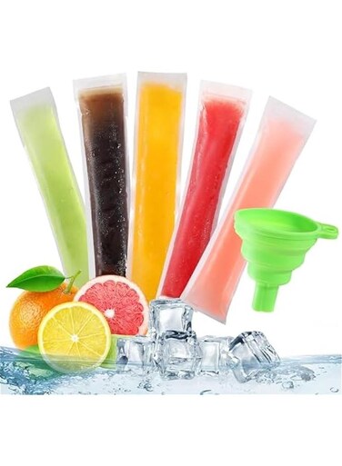 100-Pack BPA-Free Ice Pop Mold Bags with Funnel &amp; Zip Seals for Healthy Snacks, Yogurt Sticks, Smoothies, and Ice Can