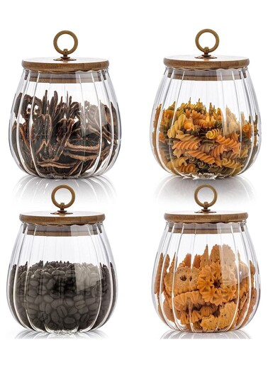 Airtight Glass Jars Set of 4,Glass Coffee Nuts Canister with Bamboo Lid,Petal Decorative Coffee Storage Container (Oval)